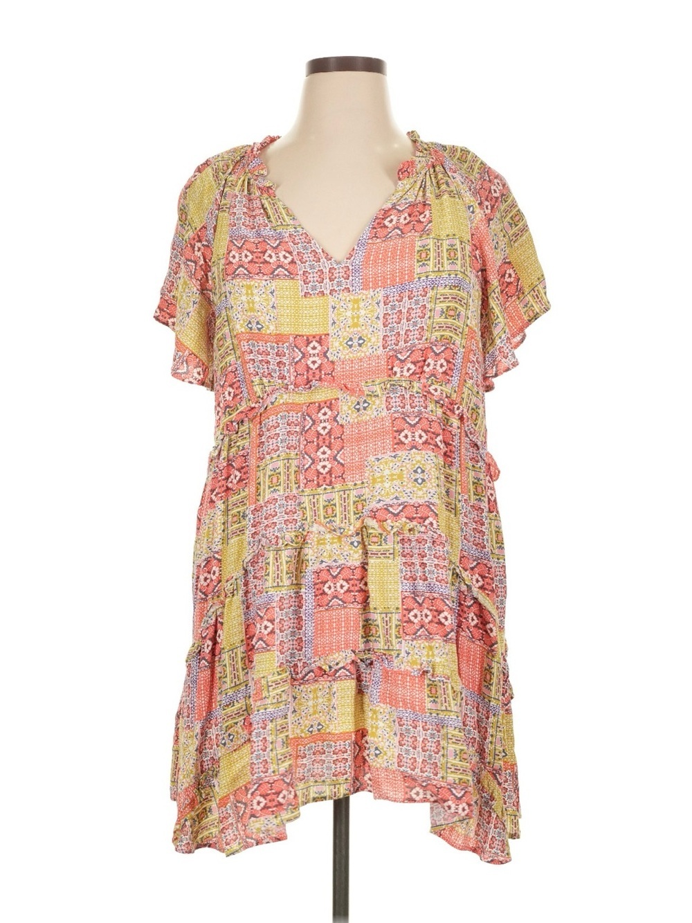 Anthropologie Robin Tiered Mini Dress Pink & Yellow Patchwork XLP - Picture 2 of 12